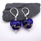 blue heart lampwork glass earrings