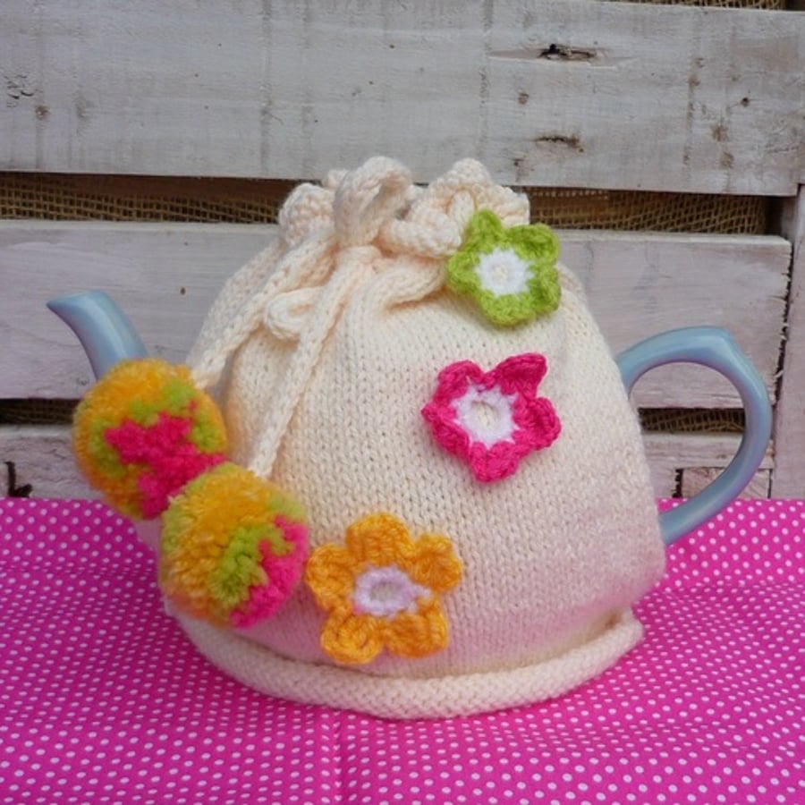 Hand knitted Tea Cosy ~ Cream with Crochet Flowers