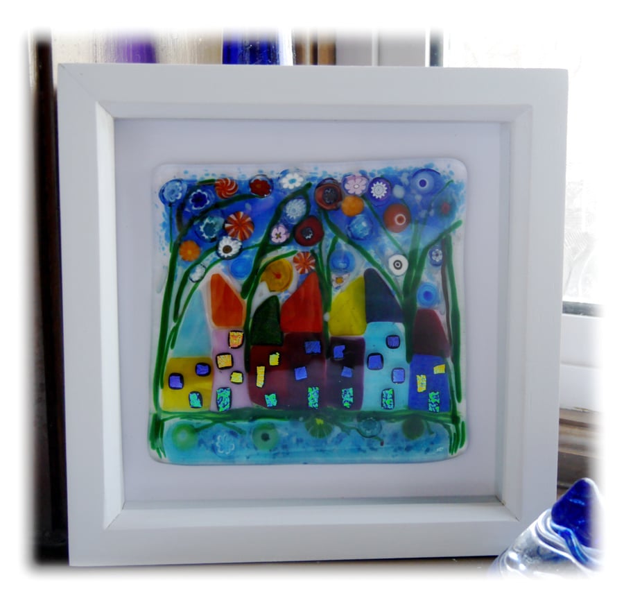 Wonky Cottage Row Fused Glass Picture Box Framed 001