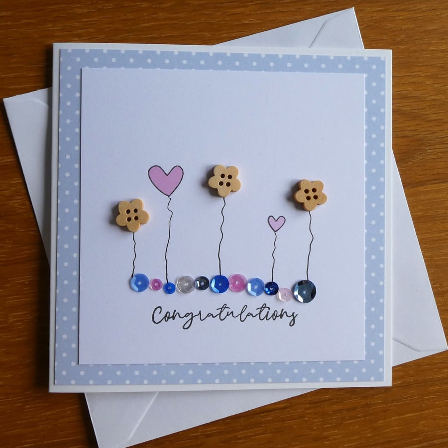 Congratulations Card - Hearts, Flowers and Sequins - Blue
