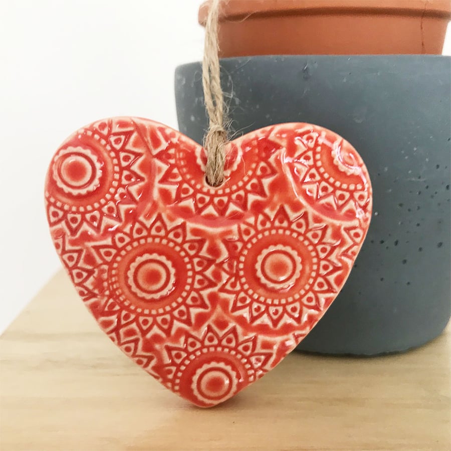 Small Ceramic heart hanging decoration Pottery Heart Dark Orange