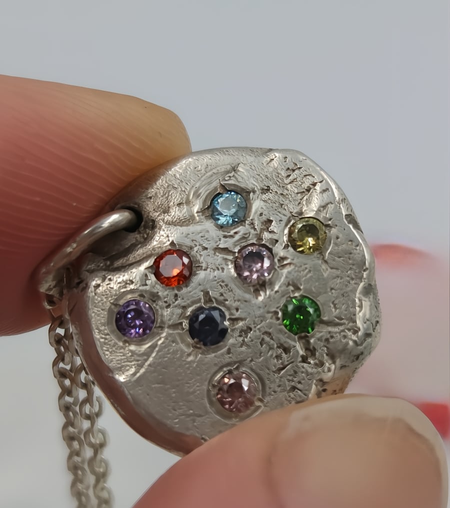 Molten Silver Pendant with Multi-Coloured CZ Gems