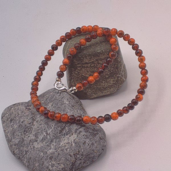 Men's Orange and Brown Mottled Glass Bead Necklace, Men's Beaded Necklace