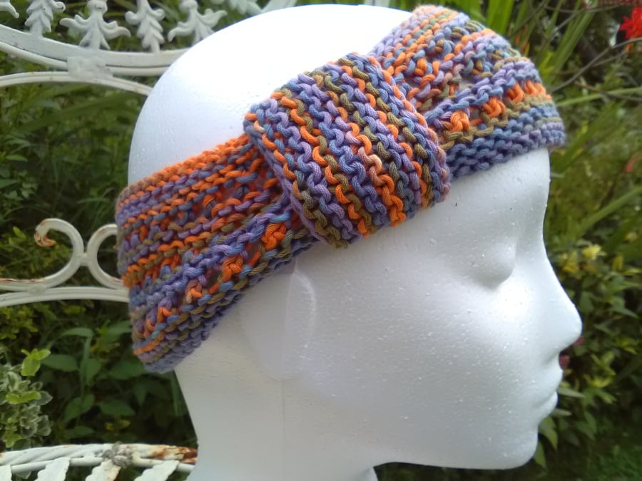 Hand-dyed & Knit Cotton Lacy Headband with looped band Lavender Orange