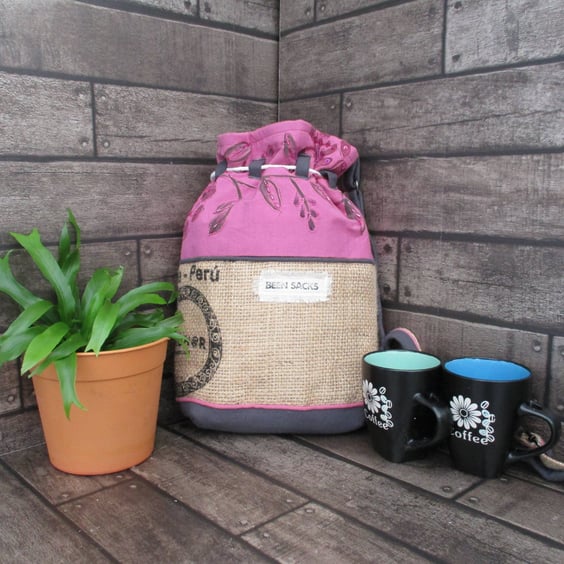 Upcycled Coffee Sack  - Bucket Bag - Pink embroidered fabric
