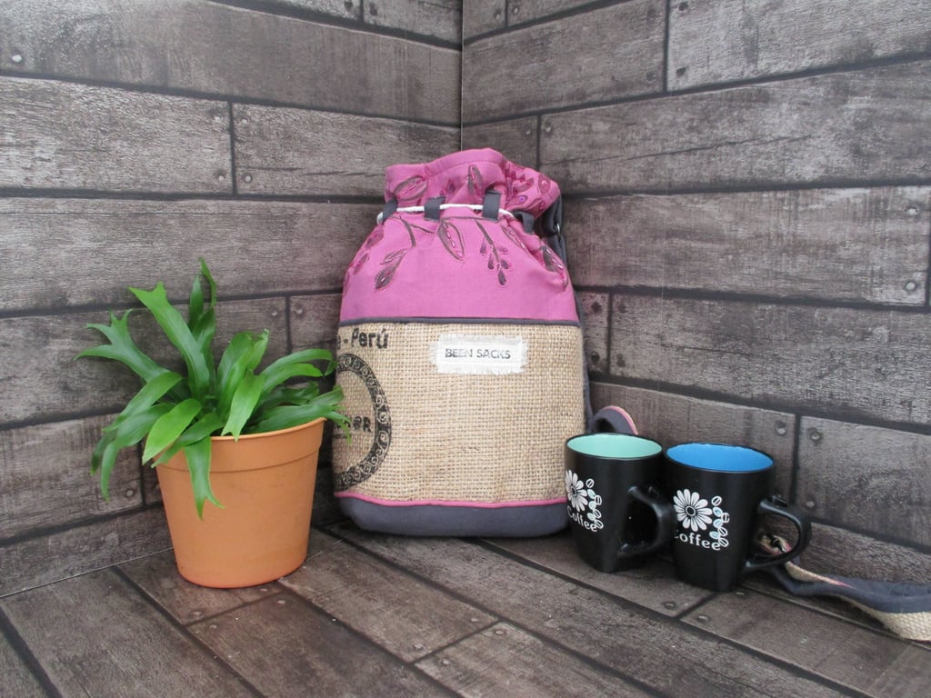 Upcycled Coffee Sack  - Bucket Bag - Pink embroidered fabric