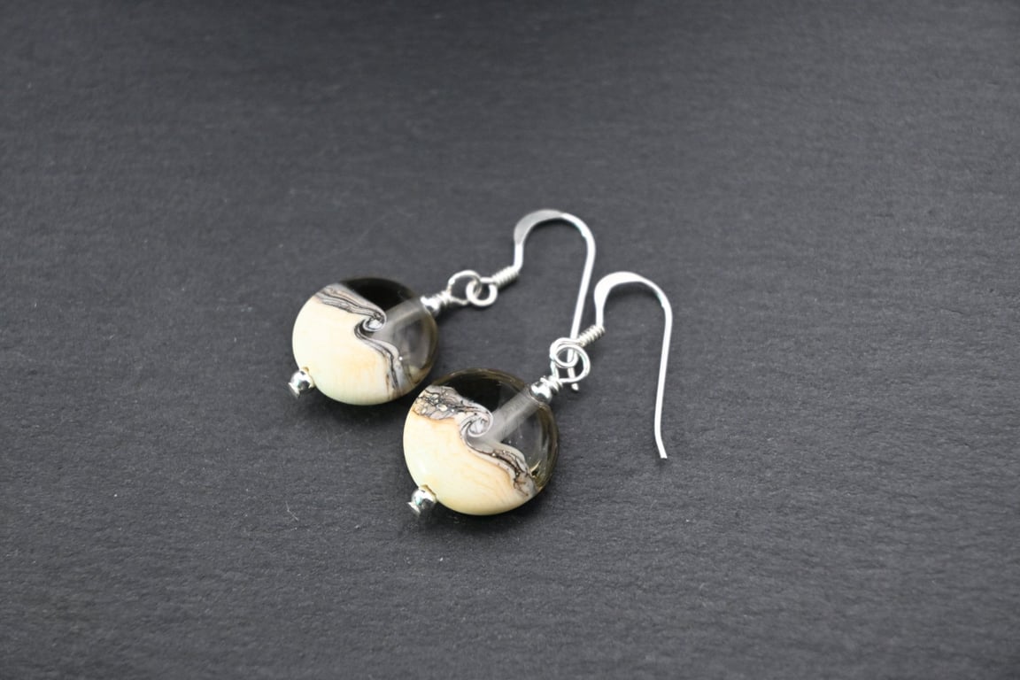 grey and ivory lampwork glass earrings