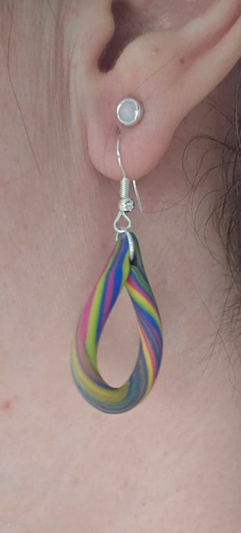 Handmade polymer teardrop multi colour silver plated earrings
