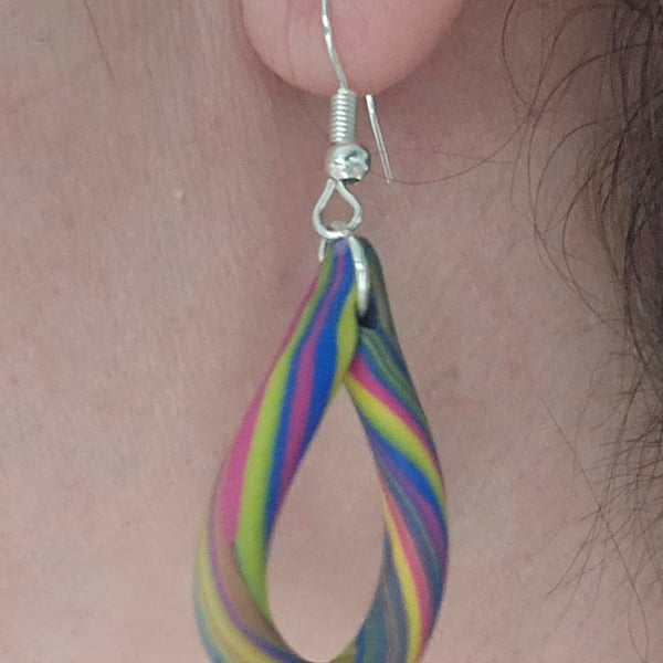 Handmade polymer teardrop multi colour silver plated earrings