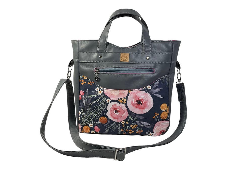 Handbag in faux leather and floral rose print, pink vegan crossbody, ladies gift