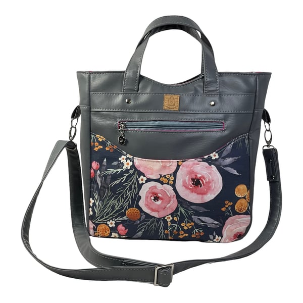 Handbag in faux leather and floral rose print, pink vegan crossbody, ladies gift