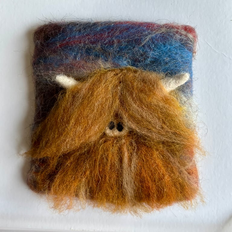 Unframed needlefelted wool Highland Cow picture