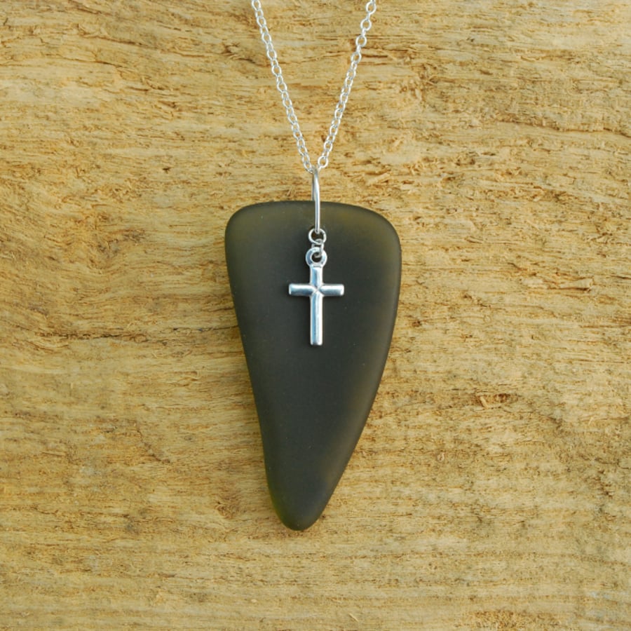 Beach glass pendant with silver cross