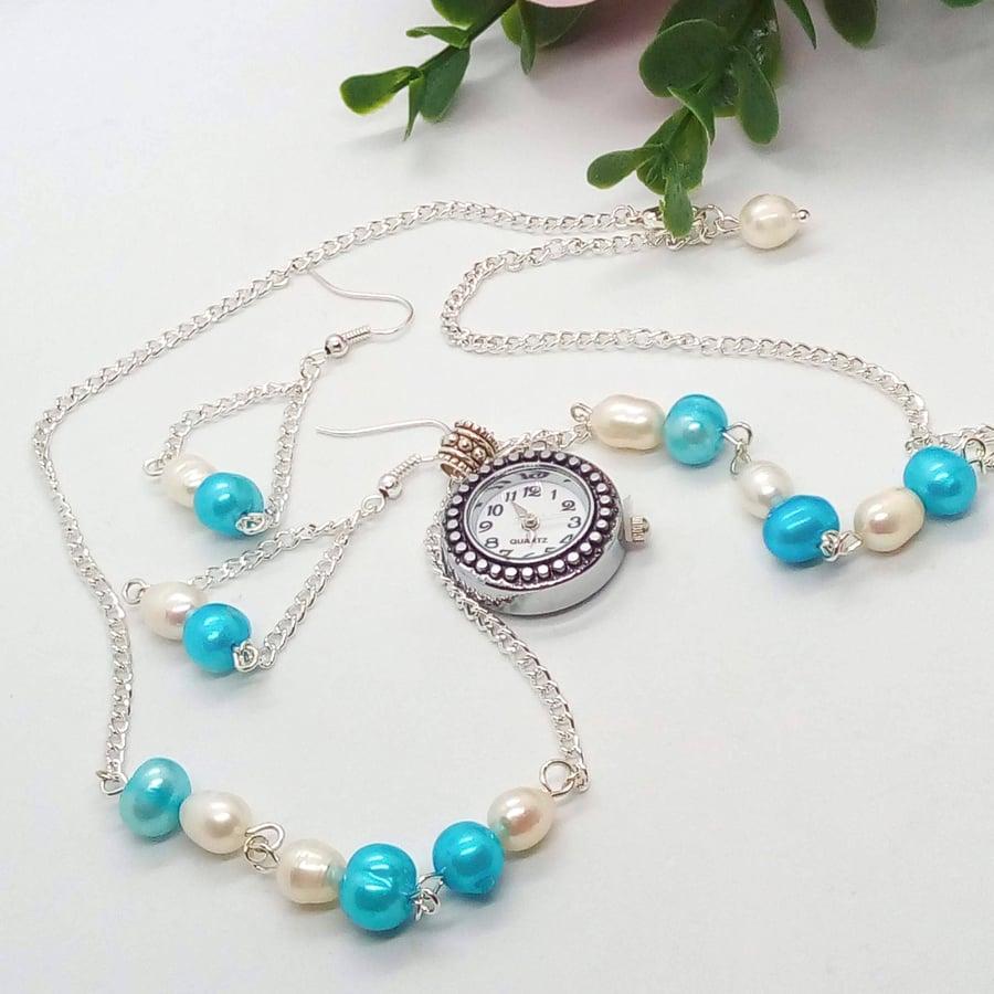 Fob Watch on a Freshwater Pearl and Silver Chain and Earrings, Gift for Her