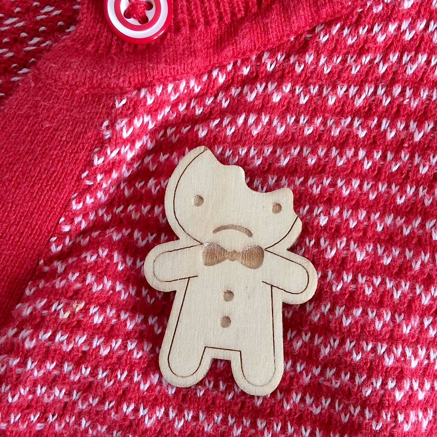 Sad Gingerbread Man Wooden Brooch