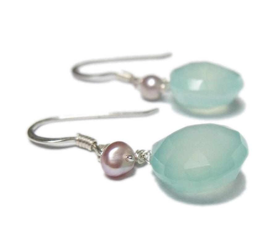 Aqua Blue Chalcedony Earrings in sterling silver with pink pearls