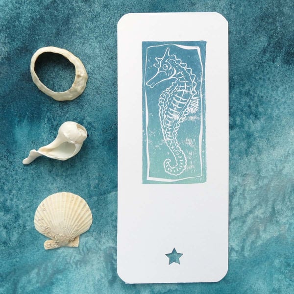 Seahorse bookmark lino print in sea blue green handmade and printed
