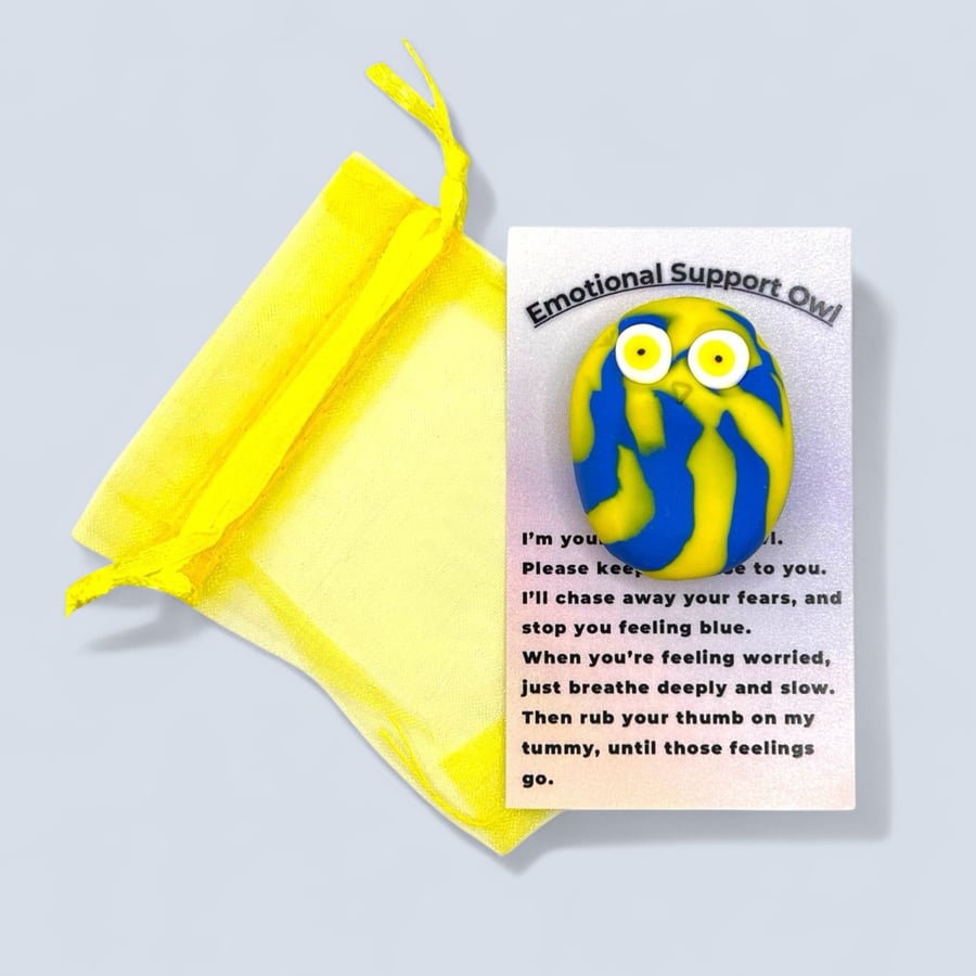 Blue and Yellow Worry Stone Owl - Emotional Support Owl Fidget Stone