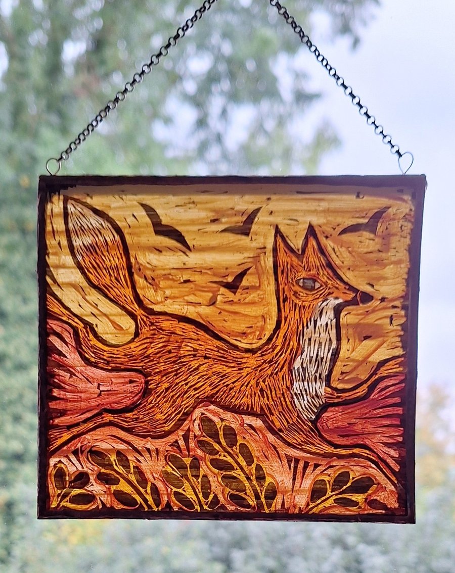 GLASS FOX SUNCATCHER WINDOW PANEL  HAND PAINTED FOX. 5 x 4.5 inches.