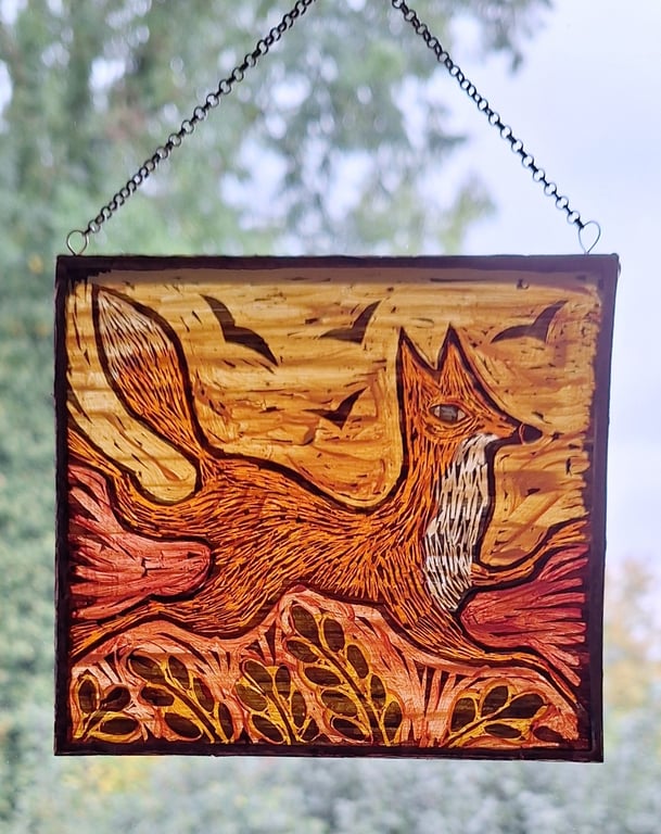 GLASS FOX SUNCATCHER WINDOW PANEL  HAND PAINTED FOX. 5 x 4.5 inches.