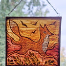 GLASS FOX SUNCATCHER WINDOW PANEL  HAND PAINTED FOX. 5 x 4.5 inches.