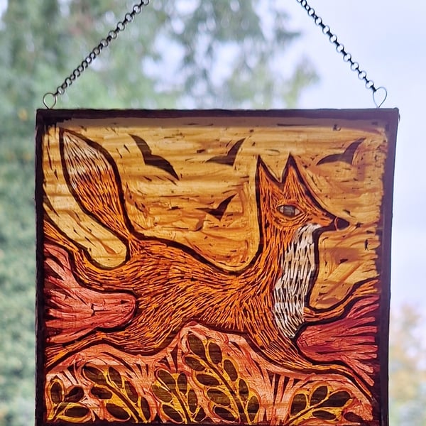 GLASS FOX SUNCATCHER WINDOW PANEL  HAND PAINTED FOX. 5 x 4.5 inches.