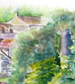 Framed Impressionist Watercolour Painting Village Street  Bridge Over River  - Image 7