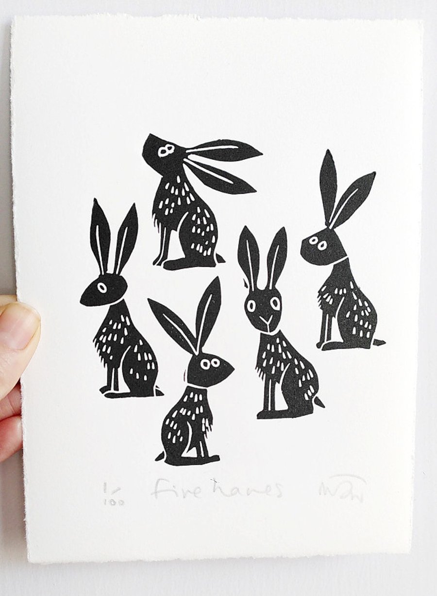 Five Hares - lino cut print