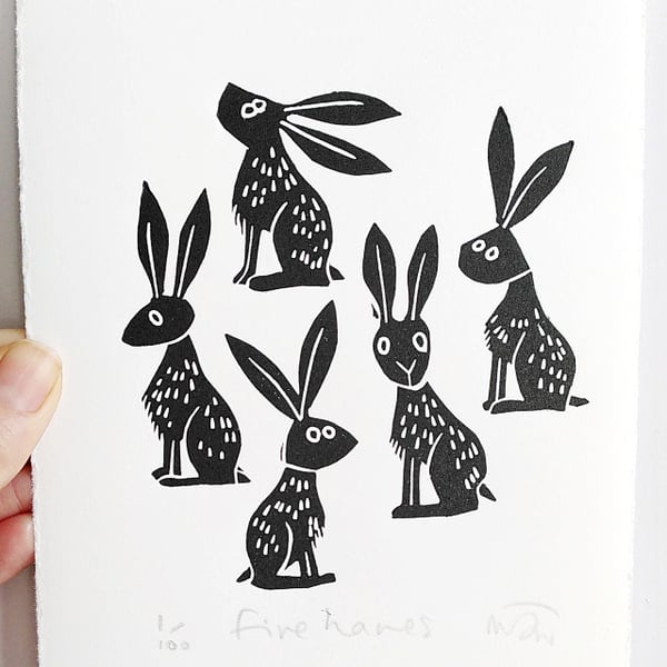 Five Hares - lino cut print