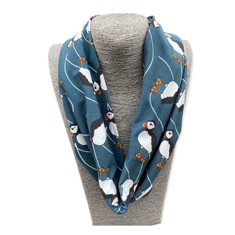 Petrol Blue Puffin print cotton Infinity Scarf