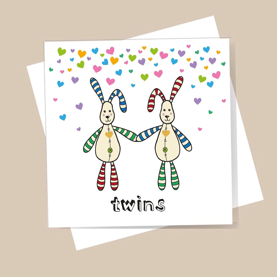 New Twins Card - New Babies, With shimmer gold hearts. Free delivery
