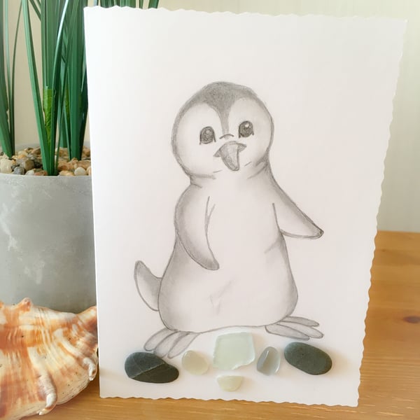 Cornish sea glass ‘Baby Penguin’ hand drawn card