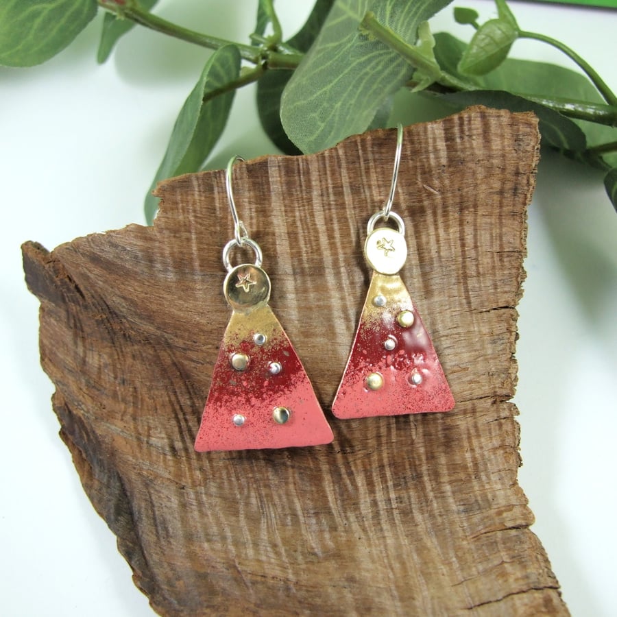 Christmas Earrings, Sterling Silver and Copper with Red & Gold Enamel
