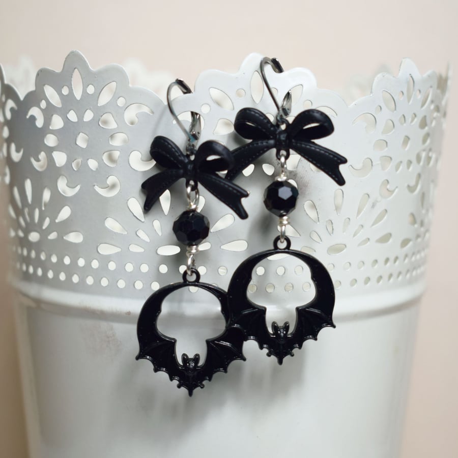 Gothic Black Bat Dangle Earrings with Black Bows and Leverback Fittings