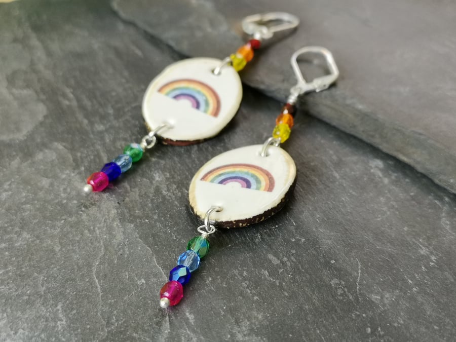 Ceramic rainbow earrings with faceted glass beads, Pride, LGBTQ