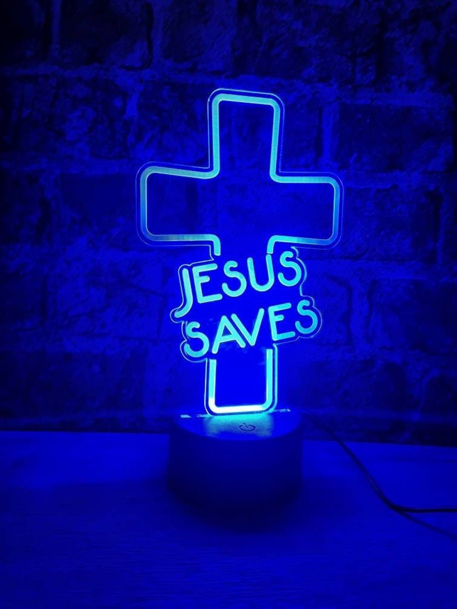 Jesus Saves Neon Crucifix lamp - LED - Man Cave - Religious Night Light - Illusi