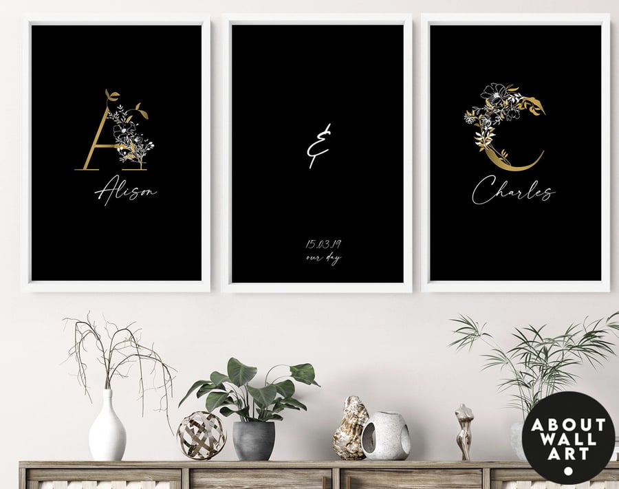 Personalised anniversary gift set of 3 art prints, unique wedding gift 
