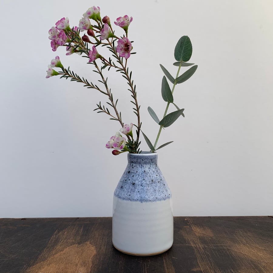 Small Bud Vase, White Bottle Shaped with blue decoration 