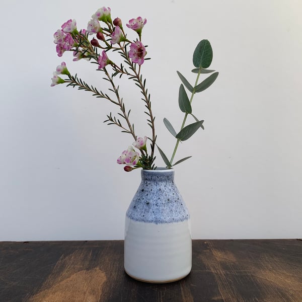 Small Bud Vase, White Bottle Shaped with blue decoration 