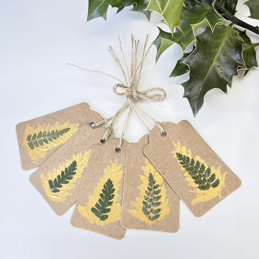 Handmade Christmas Gift Tags, Pack of 5 Hand Painted Pressed Fern