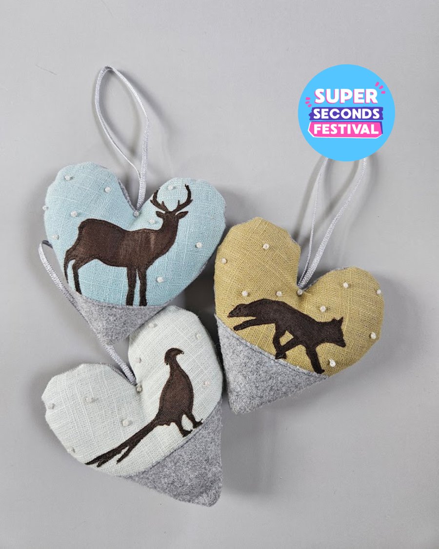 Handmade padded hanging heart, fox, stag and pheasant