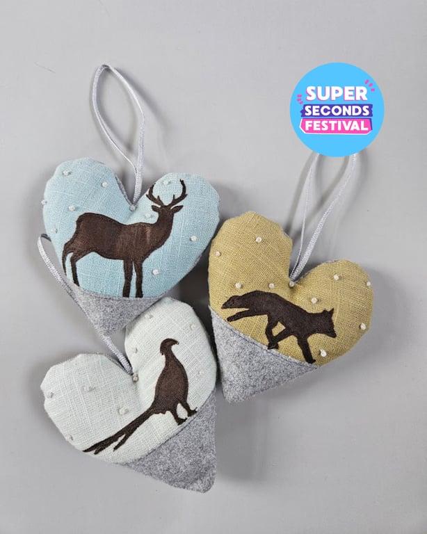 Handmade padded hanging heart, fox, stag and pheasant