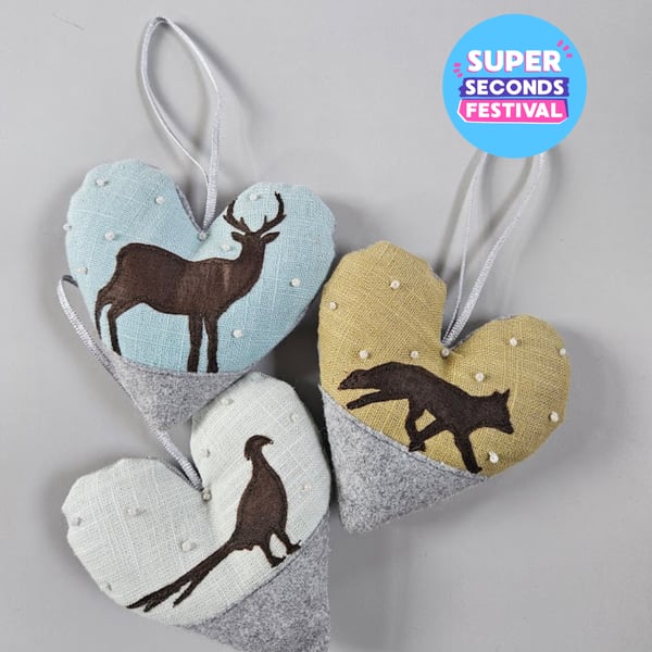 Super Seconds festival, handmade padded hanging heart, fox, stag and pheasant
