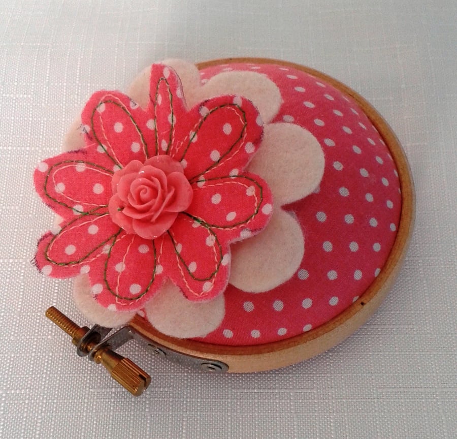 Pincushion, embroidery hoop  with flower