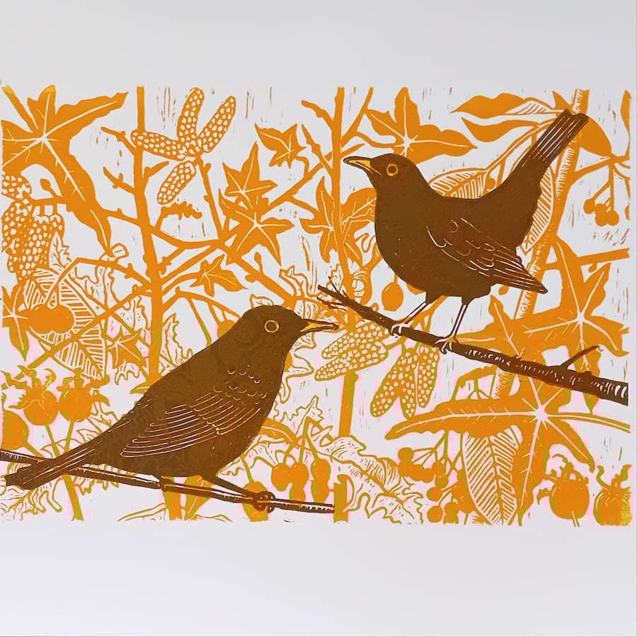 Linocut Print Winter Walk blackbird linoprint
