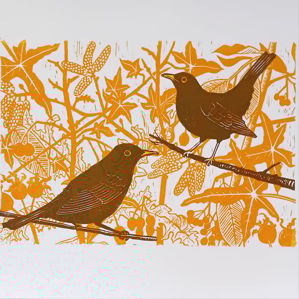 Linocut Print Winter Walk blackbird linoprint