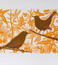 Linocut Print Winter Walk blackbird linoprint