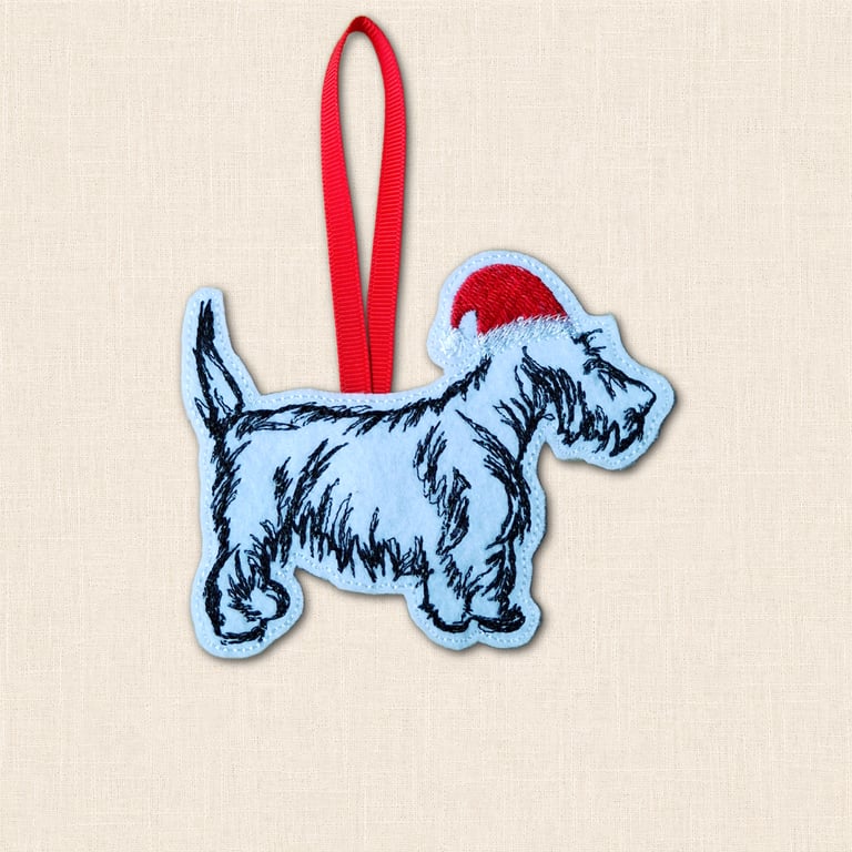 Scottish Terrier Christmas Tree Decoration - Embroidered Scottie Ornament