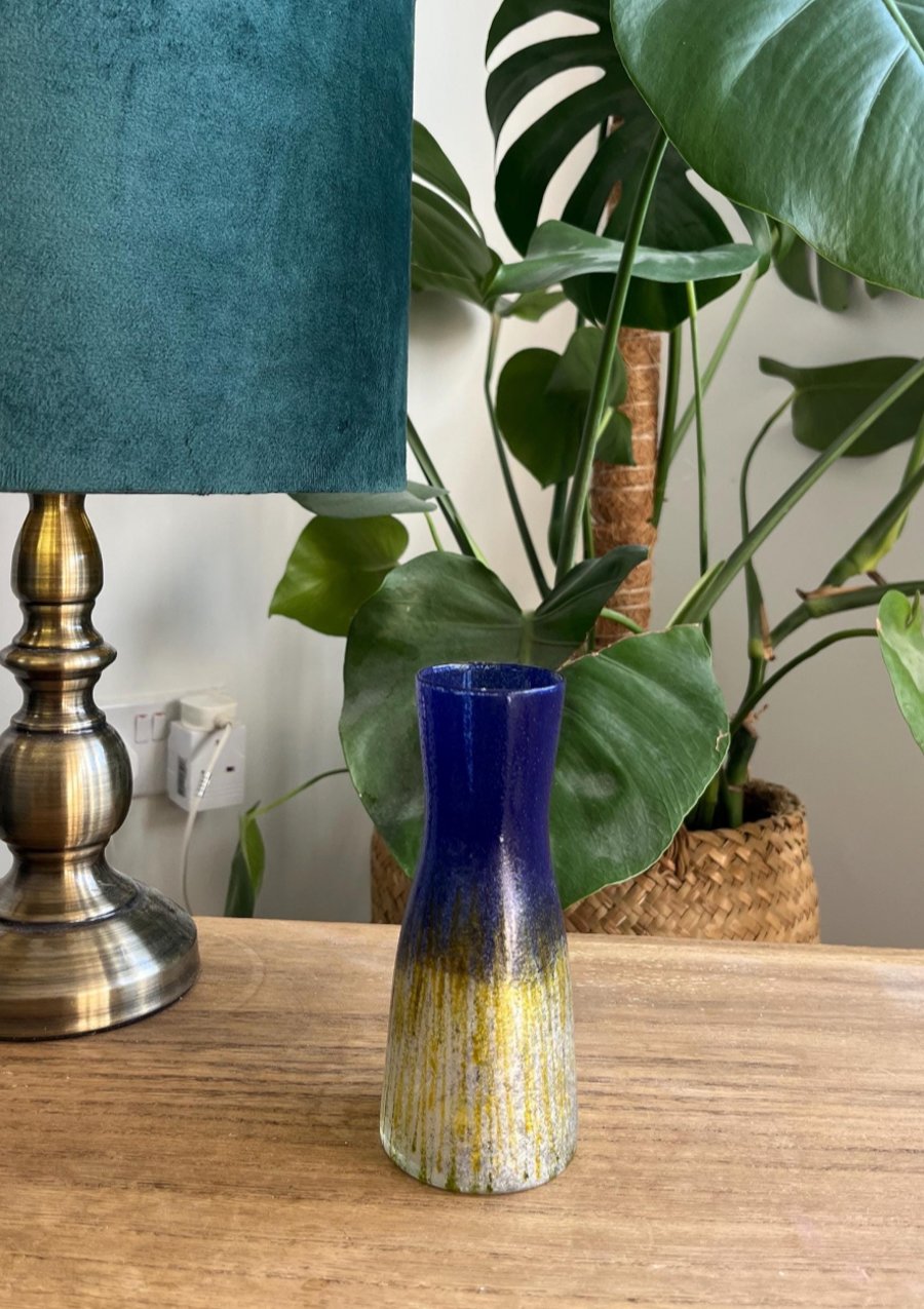 Hand Painted Bud Vase Blue, Silver, Ochre