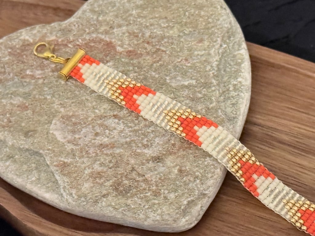 Orange and gold slim bead woven bracelet 